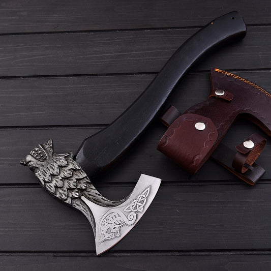 17.5" Wolf Head Viking Axe with 1095 High Carbon Steel Blade & Black Rosewood Handle Leather Sheath
