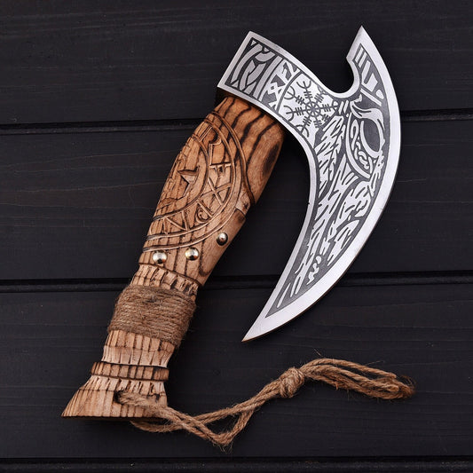9.5" Viking Pizza Cutter Axe with 1095 High Carbon Steel Blade & Burnt Ash Wood Handle Leather Sheath