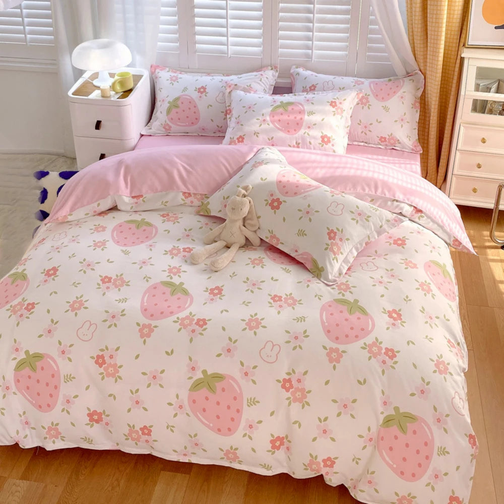 For White Pink Duvet Cover Set Full Size - Pink Strawberry Bedding Full Comforter Sets 3 PCS with Zipper Closure Duvet Cover & 2