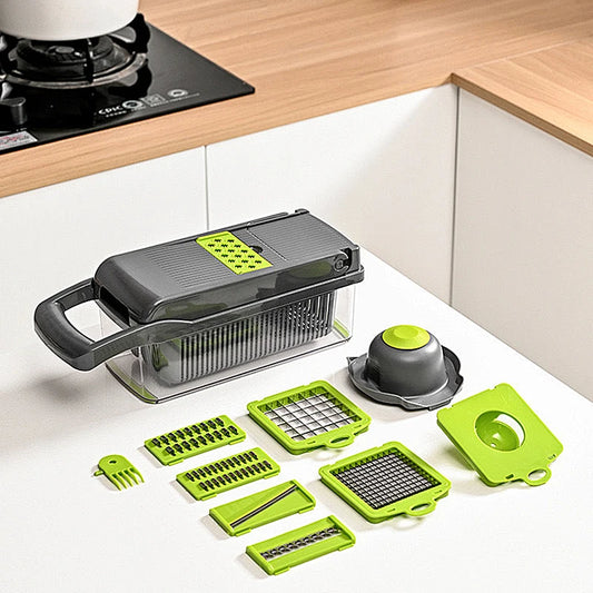 16-in-1 Vegetable Chopper with 8 Blades, Container, Shredder and Strainer, Vegetable Slicing, Dicing, Shredding, Cubing, Multi-