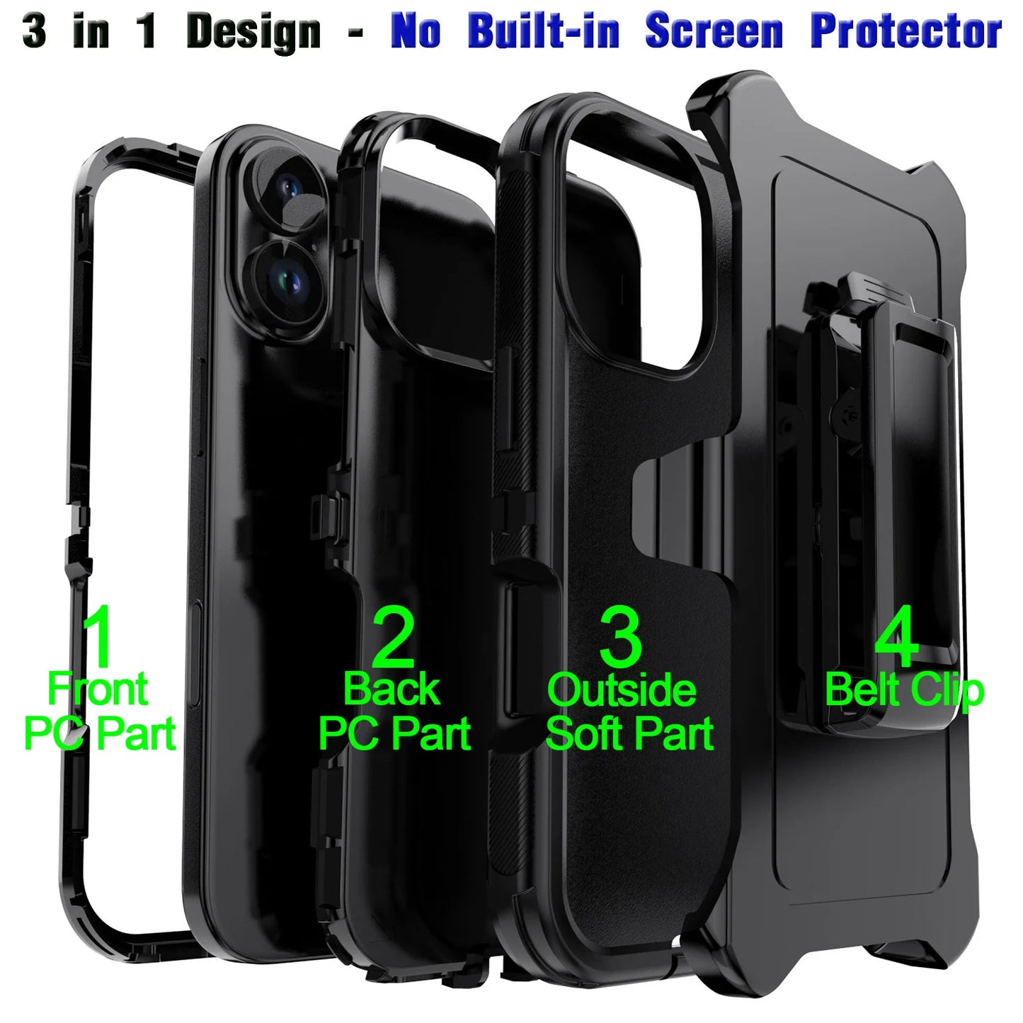 Black For iPhone 17/17 Air/17 Pro/17 Pro Max Case Heavy Duty Shockproof Protective Hard Rugged Hybrid 3-Layers Cover With Clip