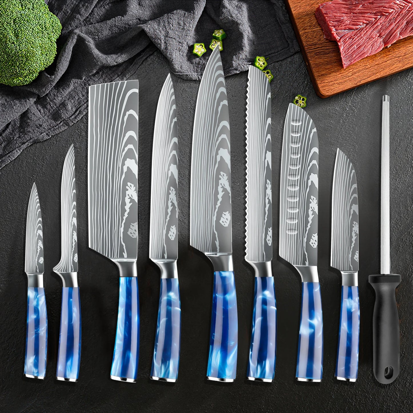 8PCS Chef's Knife Kitchen Knives Set Utility Boning Knife Cleaver Meat Fruit Bread Knife Japanese Santoku Knife with Cover