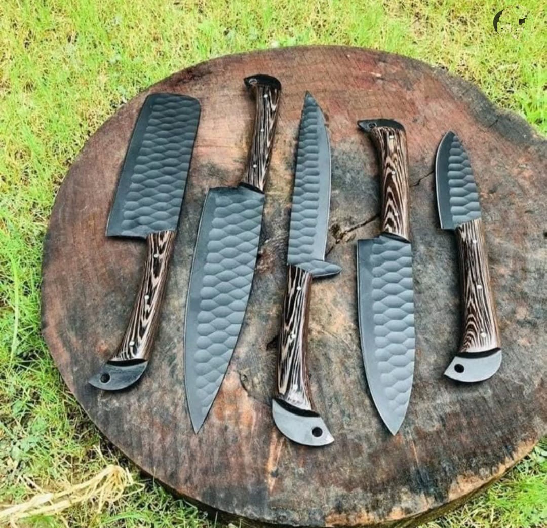 Premium Black Hammered Chef Knife Set – 5 PCS Professional Kitchen Knives with Wood Grain Handles