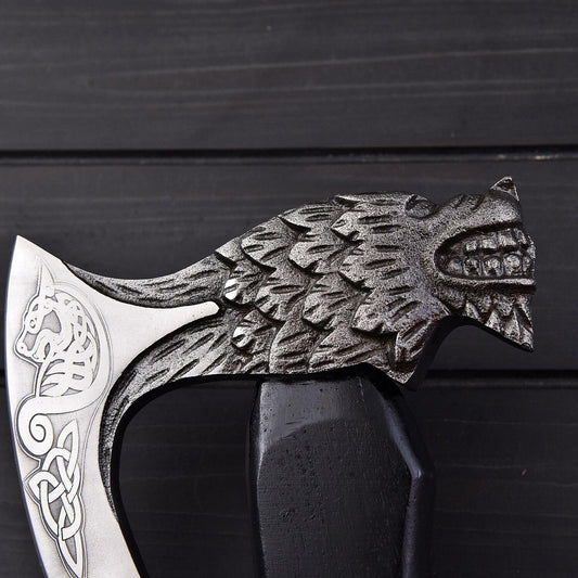 17.5" Wolf Head Viking Axe with 1095 High Carbon Steel Blade & Black Rosewood Handle Leather Sheath