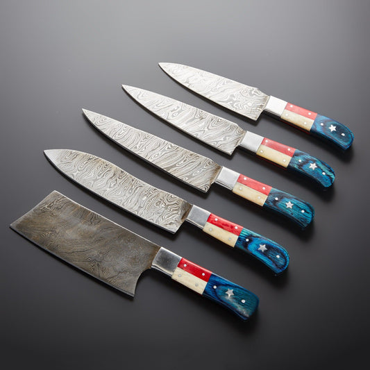 Tricolor Timber Damascus Chef Knife Set with Blue Wood & Camel Bone Handles – 240+ Layers Steel Blades & Pouch