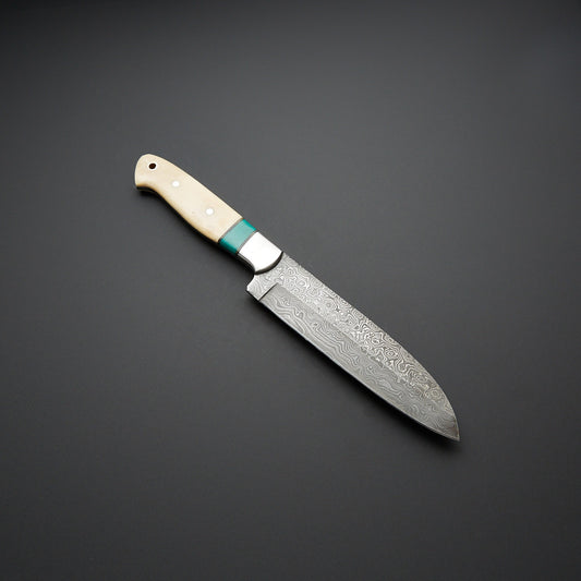 Turquoise Stone Handle Deba Sushi Knife  Handmade Bone Detail Japanese Chef Knife for Perfect Sushi Cuts