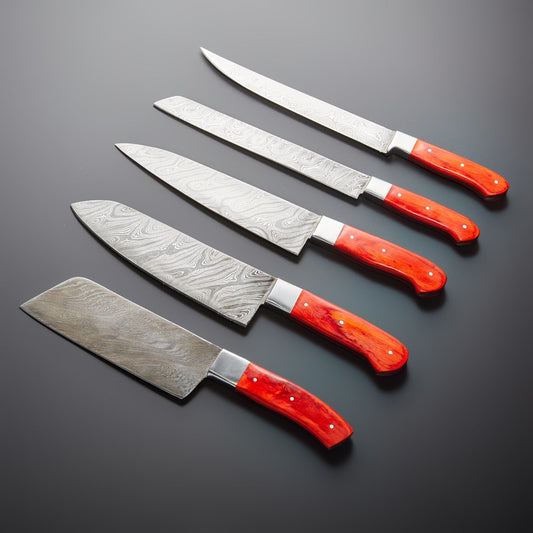 Damascus Kitchen Knife Set of 5 with Malta Wood Handles – 240+ Layer Steel Blades & Storage Pouch