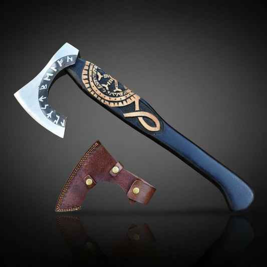 High Carbon Steel Fixed Blade Axe with Ash Wood Handle Leather Sheath Included