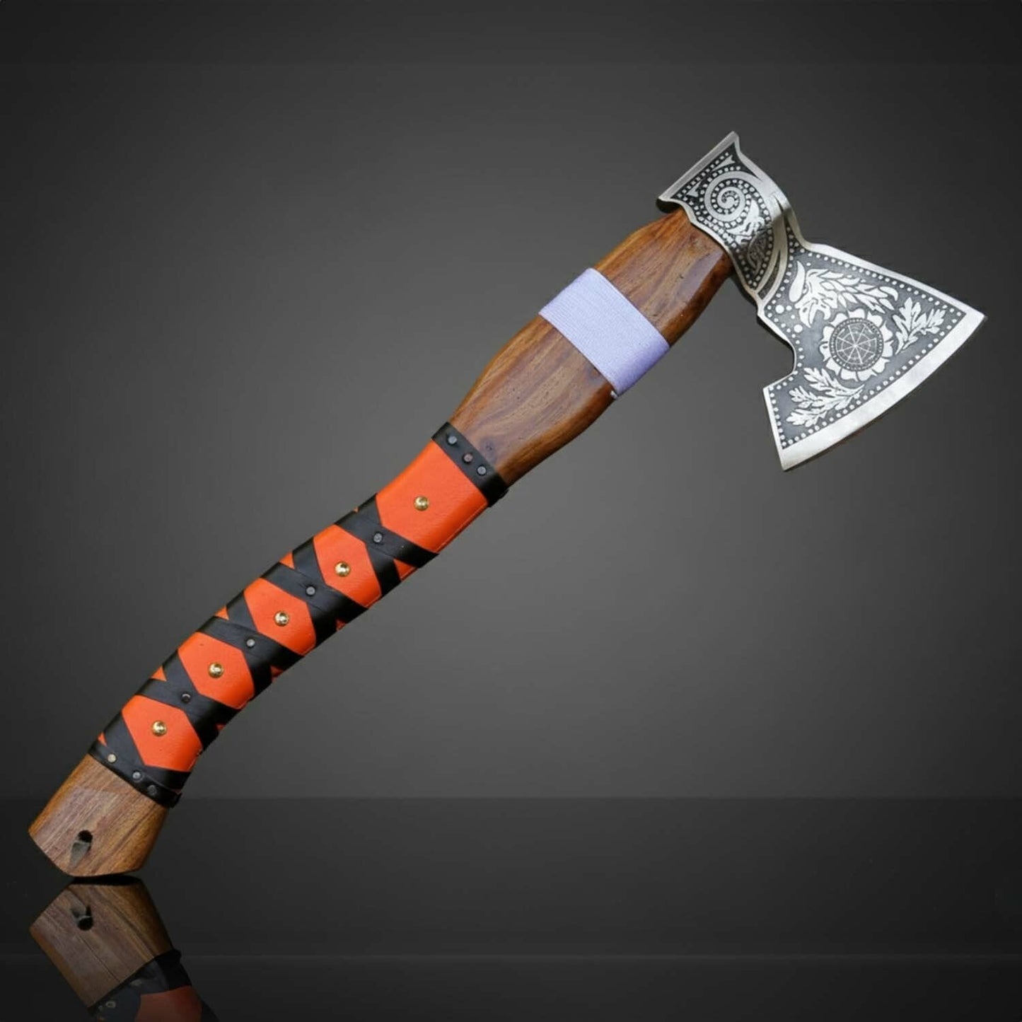Viking Ember Engraved Fixed Blade Axe with Hardwood & Leather Wrap Handle – Leather Sheath Included