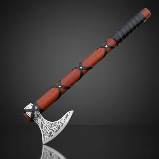 Red Orange Fixed Blade Axe with High Carbon Steel Blade & Colored Ash Wood Handle – Leather Sheath Included