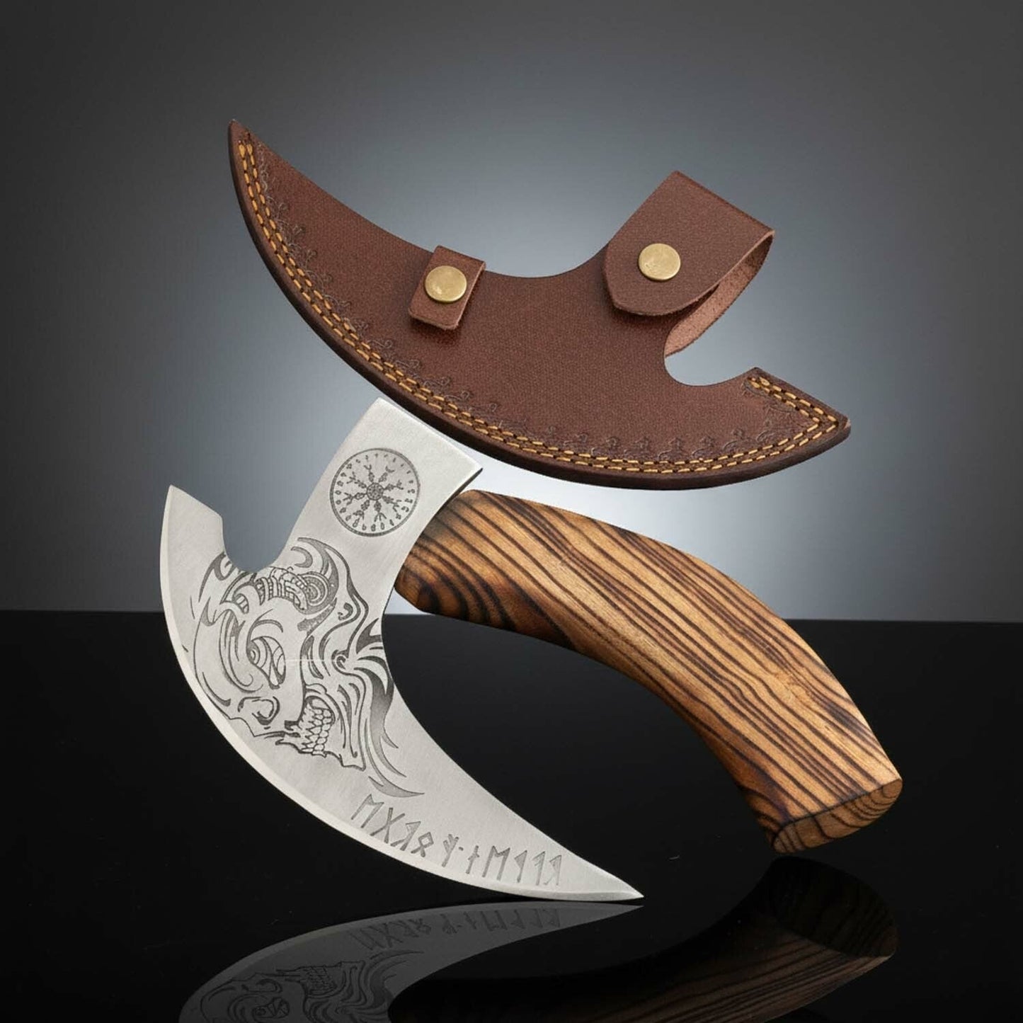 Compact Fixed Blade Axe with High Carbon Steel Blade & Ash Wood Handle – Leather Sheath Included