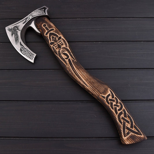 Handmade Carbon Steel Viking Style Axe – 1095 Steel Blade Engraved Ash Wood Handle Leather Sheath – 20 Decorative & Outdoor Tool