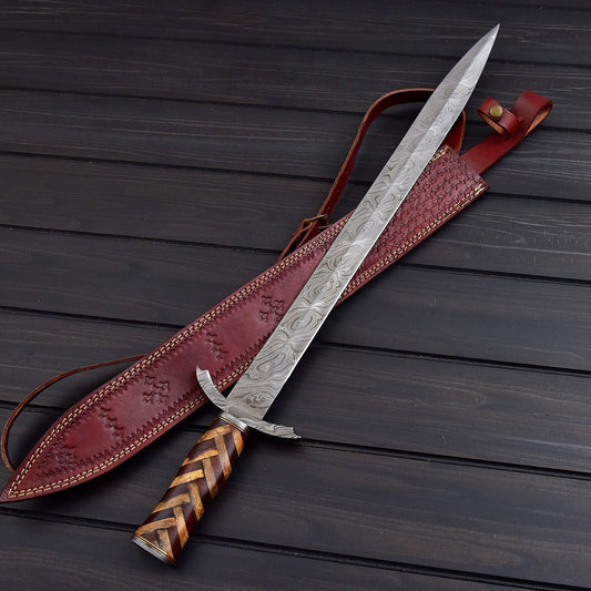 Handmade Damascus Steel Celtic Style Sword – 28 Decorative Collectible with Leather Sheath
