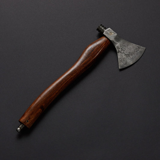 Hand-Forged Damascus Steel Viking Axe – 15” Battle Ready Tomahawk with Raindrop Pattern Blade & Rosewood Handle