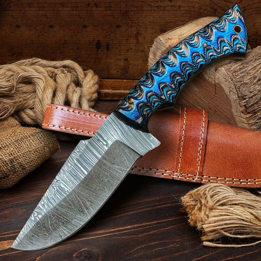 9.5" Damascus Steel Fixed Blade Knife with Blue Grooved Wood Handle – Leather Sheath Included