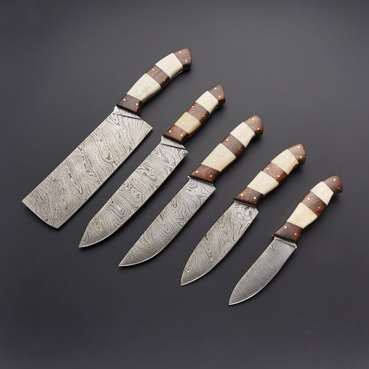 Premium 5-Piece Chef Knife Set – Professional Damascus Steel Kitchen Knives with Rosewood Handle | Sharp Durable & Stylish Cooking Set USA