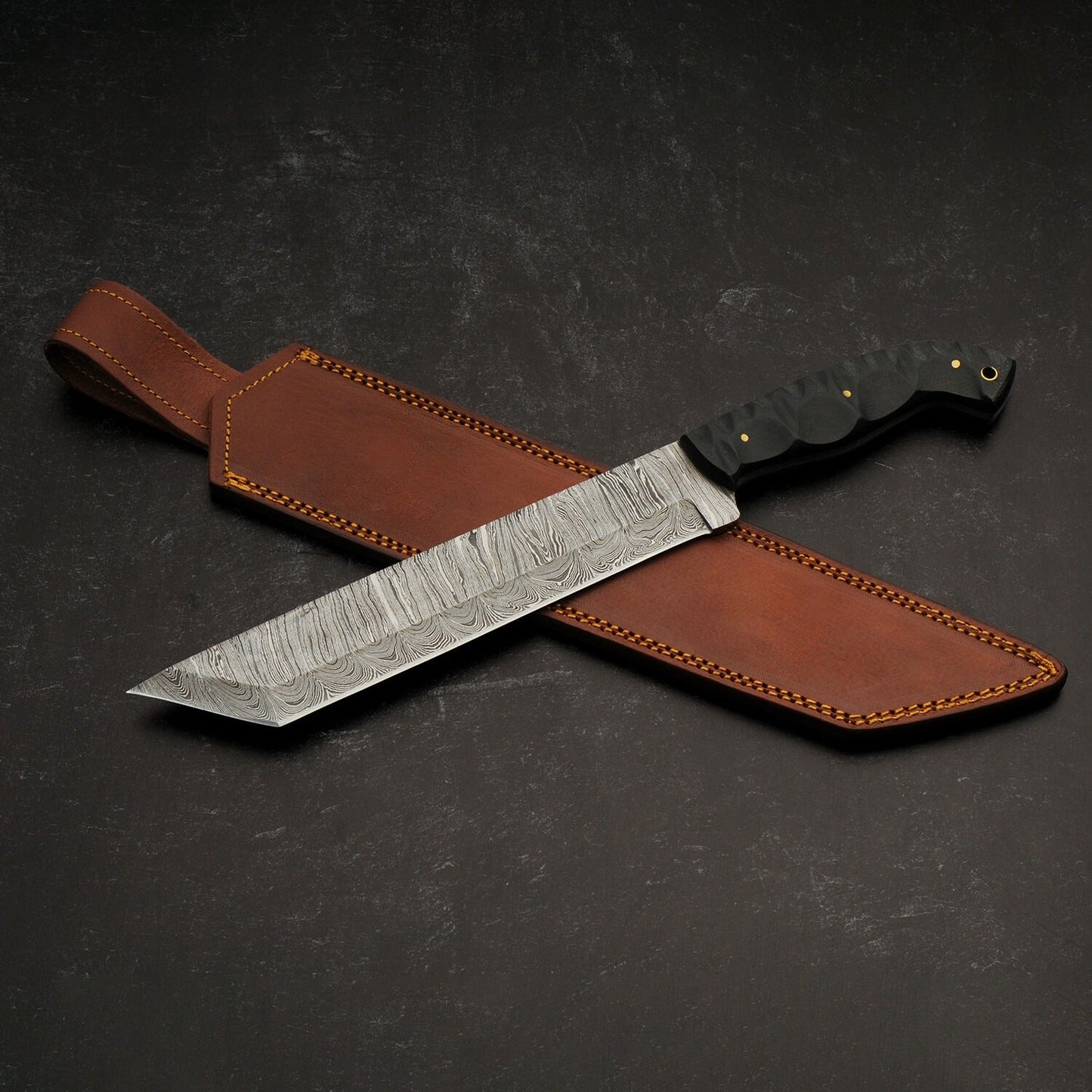 14.25" Damascus Steel Fixed Blade Knife with Black Micarta Handle – Leather Sheath Included