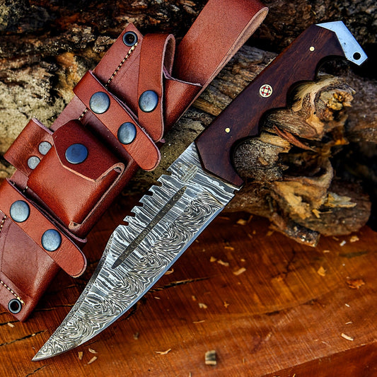 12" Damascus Steel Fixed Blade Knife with Ergonomic Walnut Wood Handle – Leather Sheath Included
