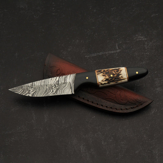 7.5" Damascus Steel Fixed Blade Knife with Buffalo Horn & Sambar Stag Handle – Leather Sheath Included