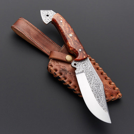 Engraved Stainless Steel Decorative Knife – Collector Display Piece with Leather Sheath