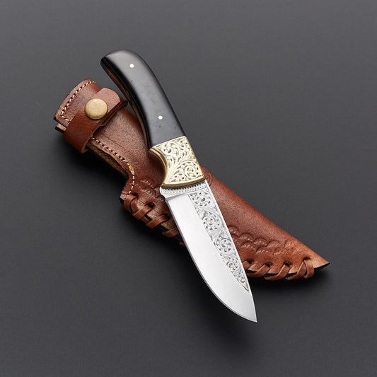 Engraved Black Decorative Knife – Stainless Steel Collector Piece with Leather Sheath