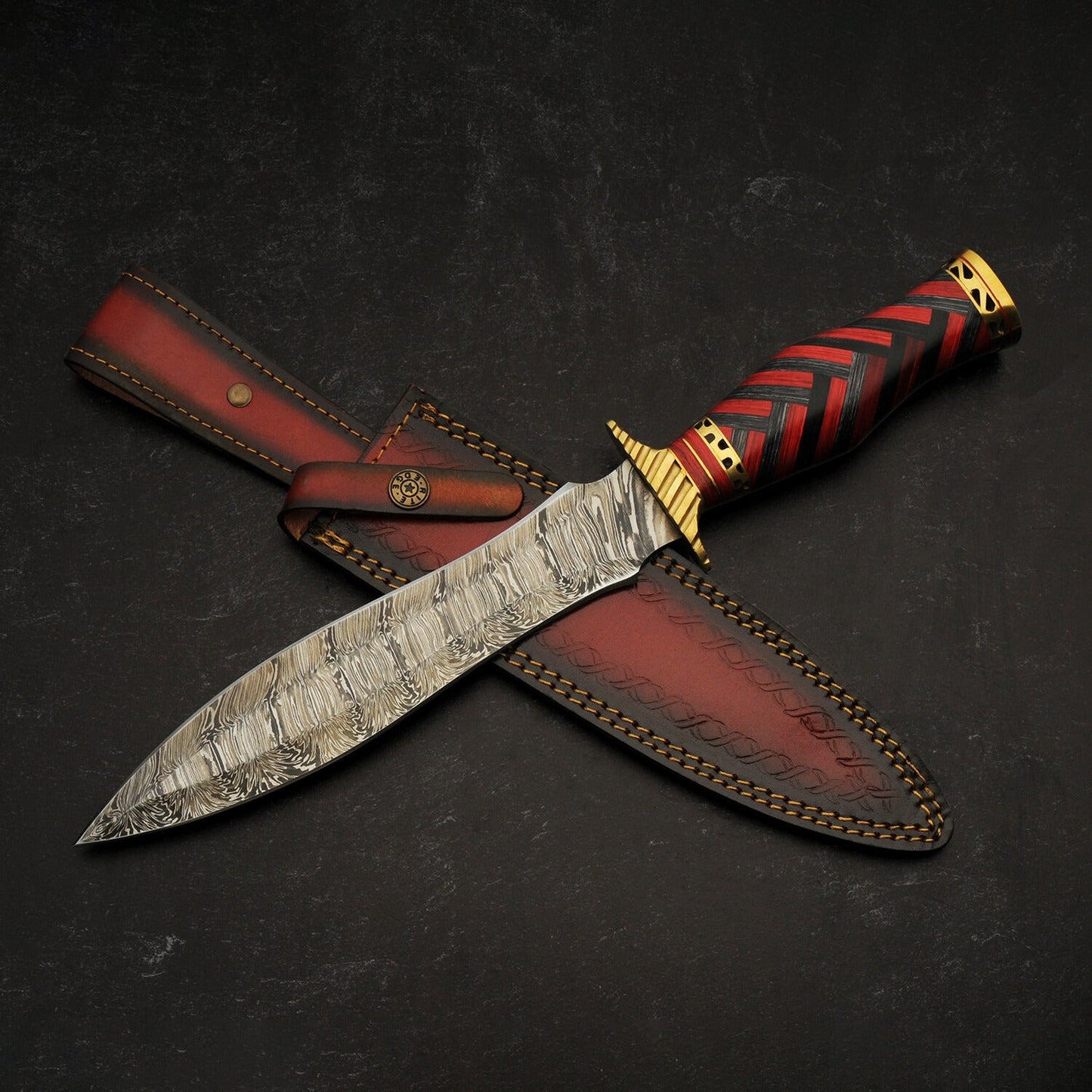 Damascus Steel Fixed Blade Knife with Red & Black Wood Handle – Brass Guard & Leather Sheath