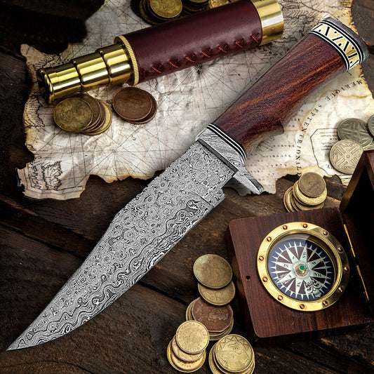 12" Damascus Steel Bowie Knife with Brass Handwork & Walnut Wood Handle – Leather Sheath Included