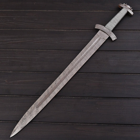 Handmade Damascus Steel Sword | Double Edge Battle Ready Sword with Leather Sheath – Collectible Medieval Viking Replica