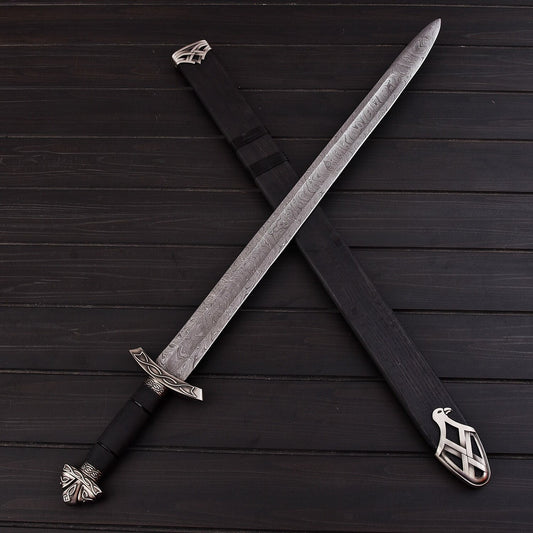 Handmade Damascus Steel Sword – 30 Double Edge Battle-Ready Blade with Leather Sheath | Collectible Warrior Sword USA
