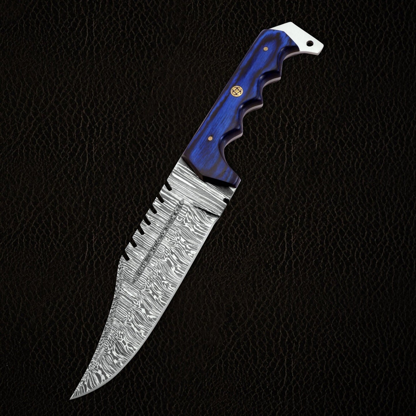 12" Damascus Steel Fixed Blade Knife with Ergonomic Blue Wood Handle – Leather Sheath Included