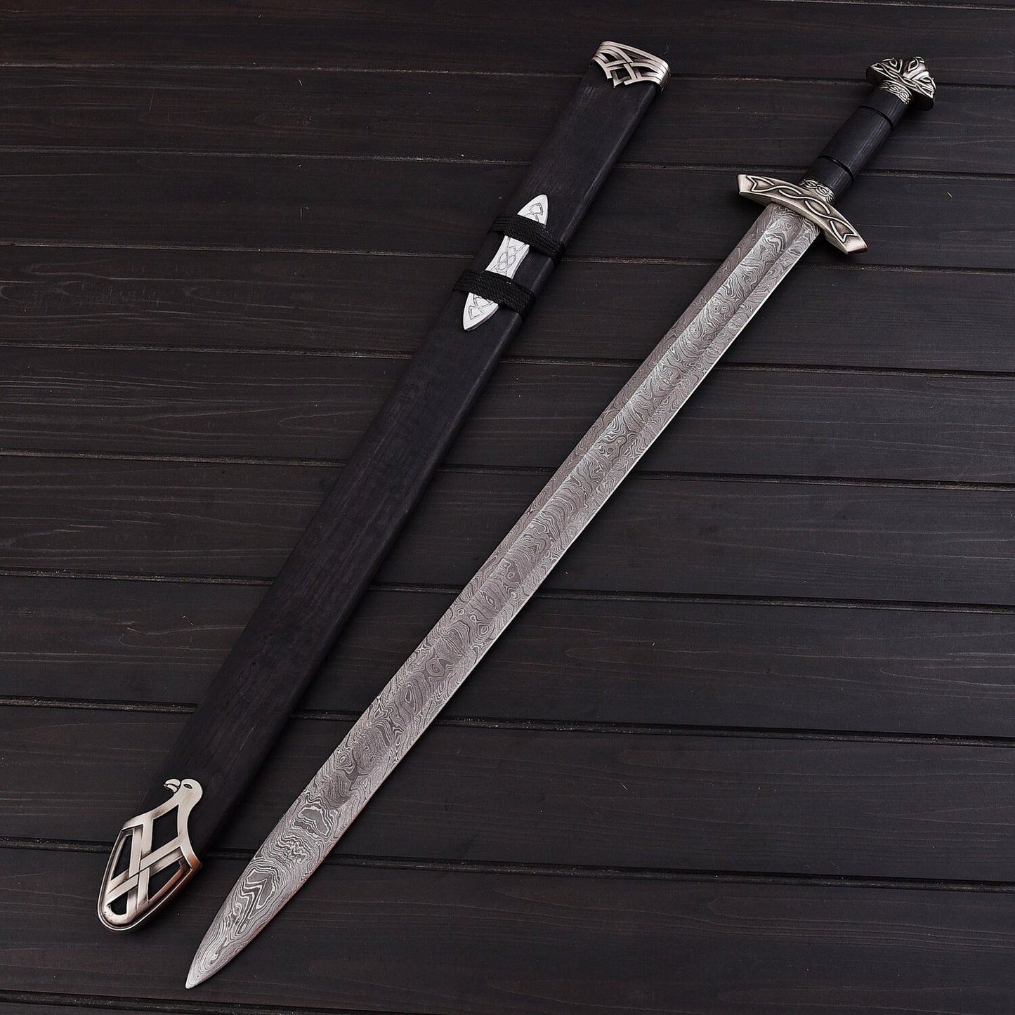 Handmade Damascus Steel Sword – 30 Double Edge Battle-Ready Blade with Leather Sheath | Collectible Warrior Sword USA