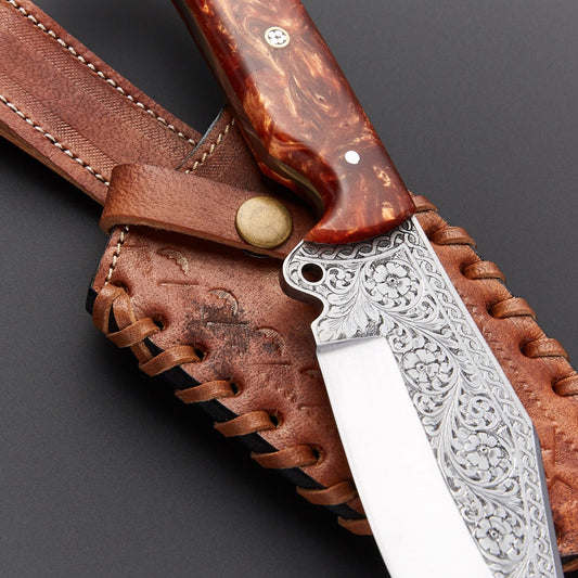 Engraved Stainless Steel Decorative Knife – Collector Display Piece with Leather Sheath
