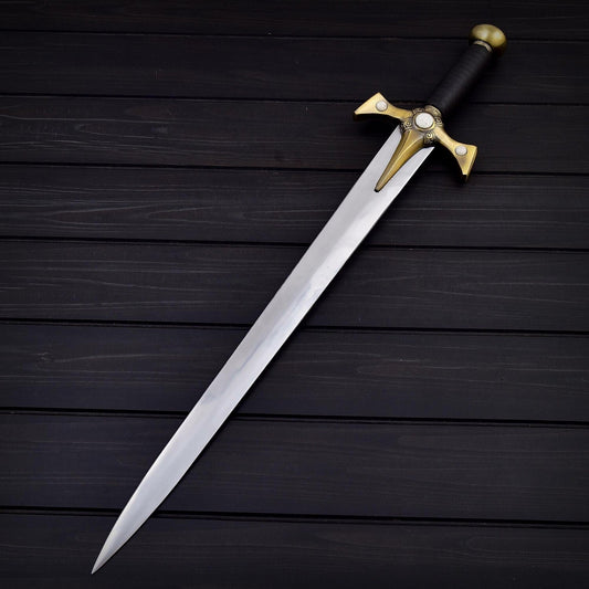 23" Stainless Steel Double Edge Sword with Leather Sheath – Polished Blade Decorative Collectible