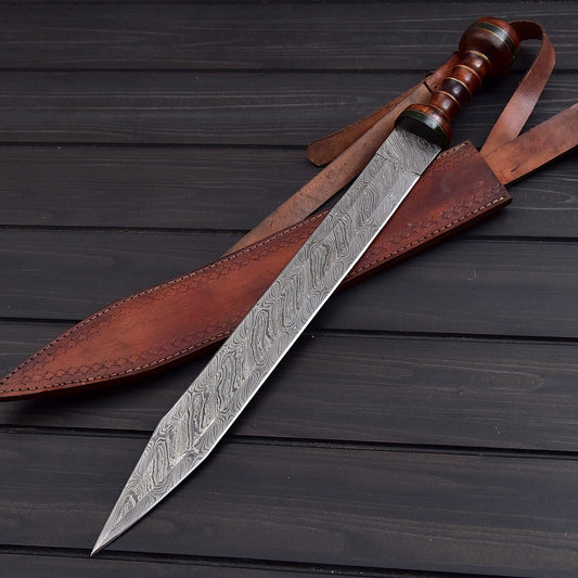 Handmade Damascus Roman Gladius Short Sword Decorative Collectible with Walnut Wood Handle & Leather Sheath