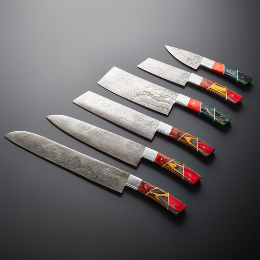 Damascus Kitchen Knife Set of 6 with Multi Wood Handles – 240+ Layer Steel Blades & Storage Pouch