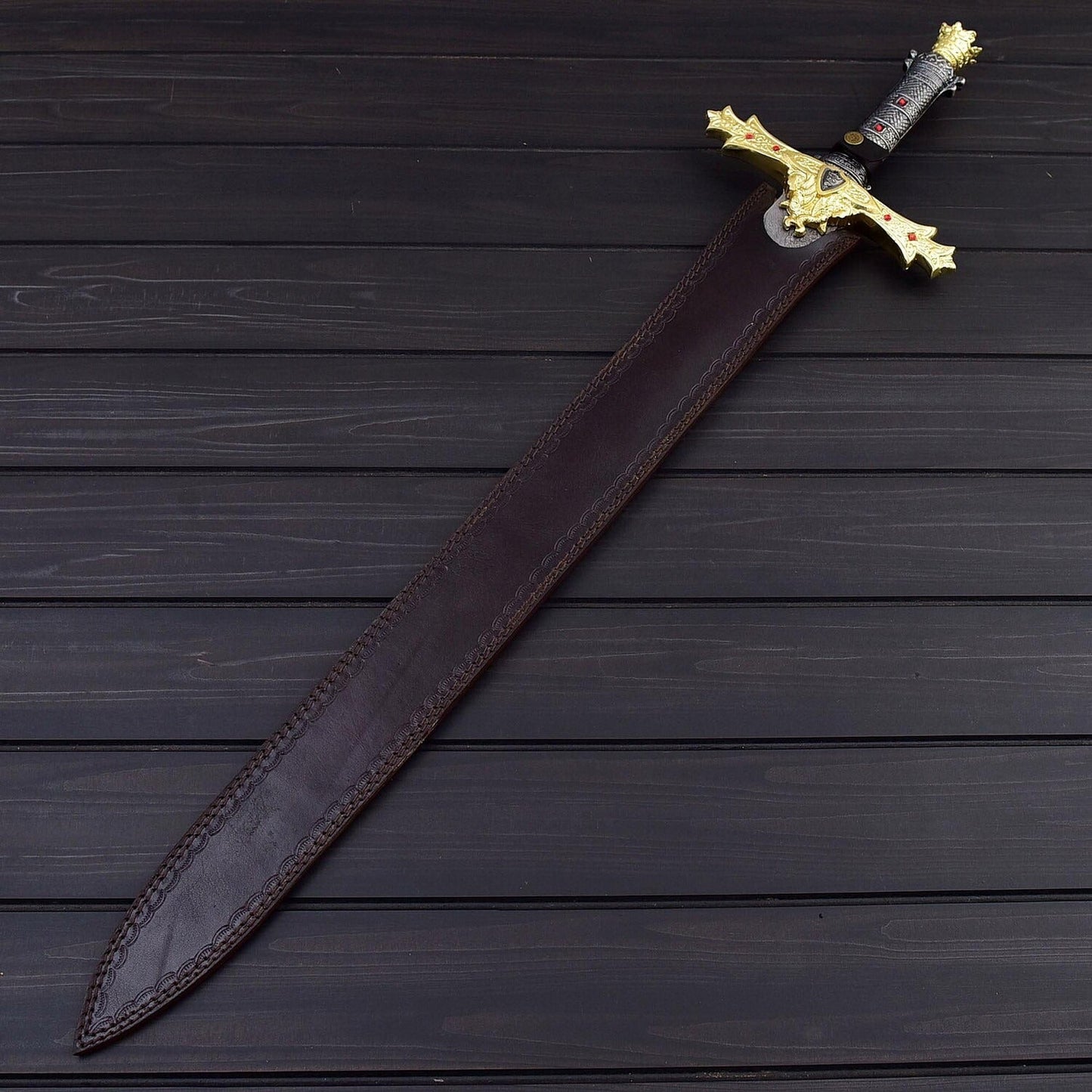 Handcrafted Damascus Steel Double Edge Sword 38 Overall Length Leather Sheath Included
