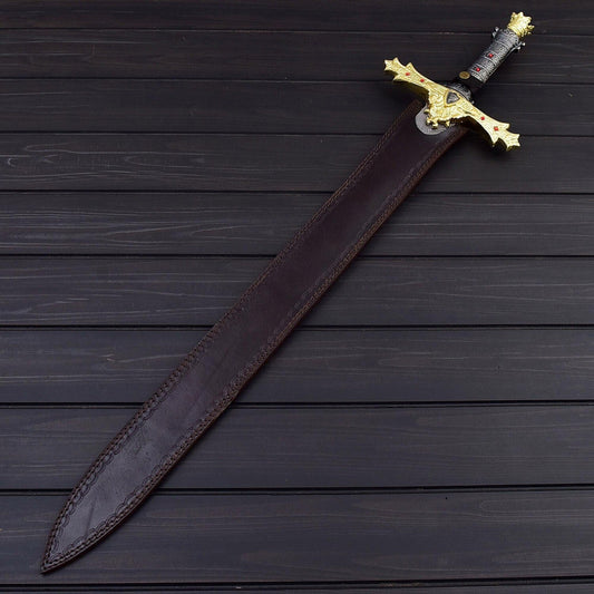 Handcrafted Damascus Steel Double Edge Sword 38 Overall Length Leather Sheath Included