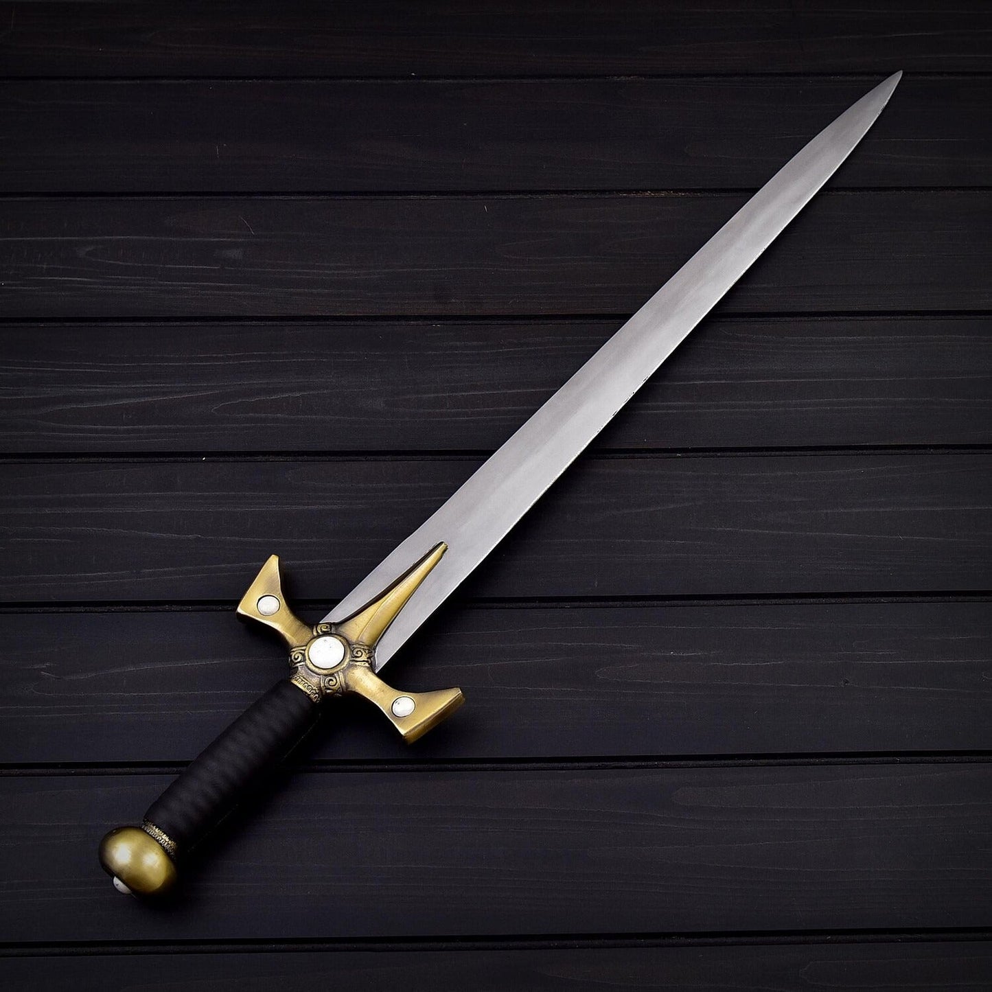 23" Stainless Steel Double Edge Sword with Leather Sheath – Polished Blade Decorative Collectible