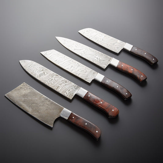 Damascus Kitchen Knife Set of 5 with Rosewood Handles – 240+ Layer Steel Blades & Storage Pouch