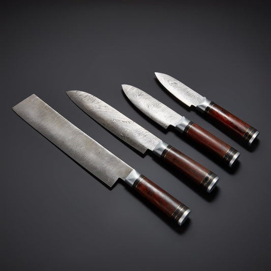 Damascus Kitchen Knife Set of 4 with Rosewood Handles – 240+ Layers Steel & Leather Storage Bag