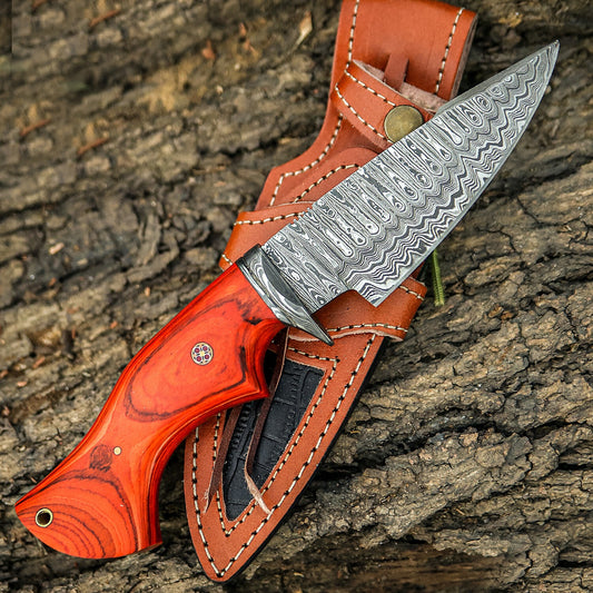 Premium Damascus Steel Hunting Knife  10 Fixed Blade with Drop Point Orange Wood Handle & Leather Sheath  Razor Sharp Survival Gea