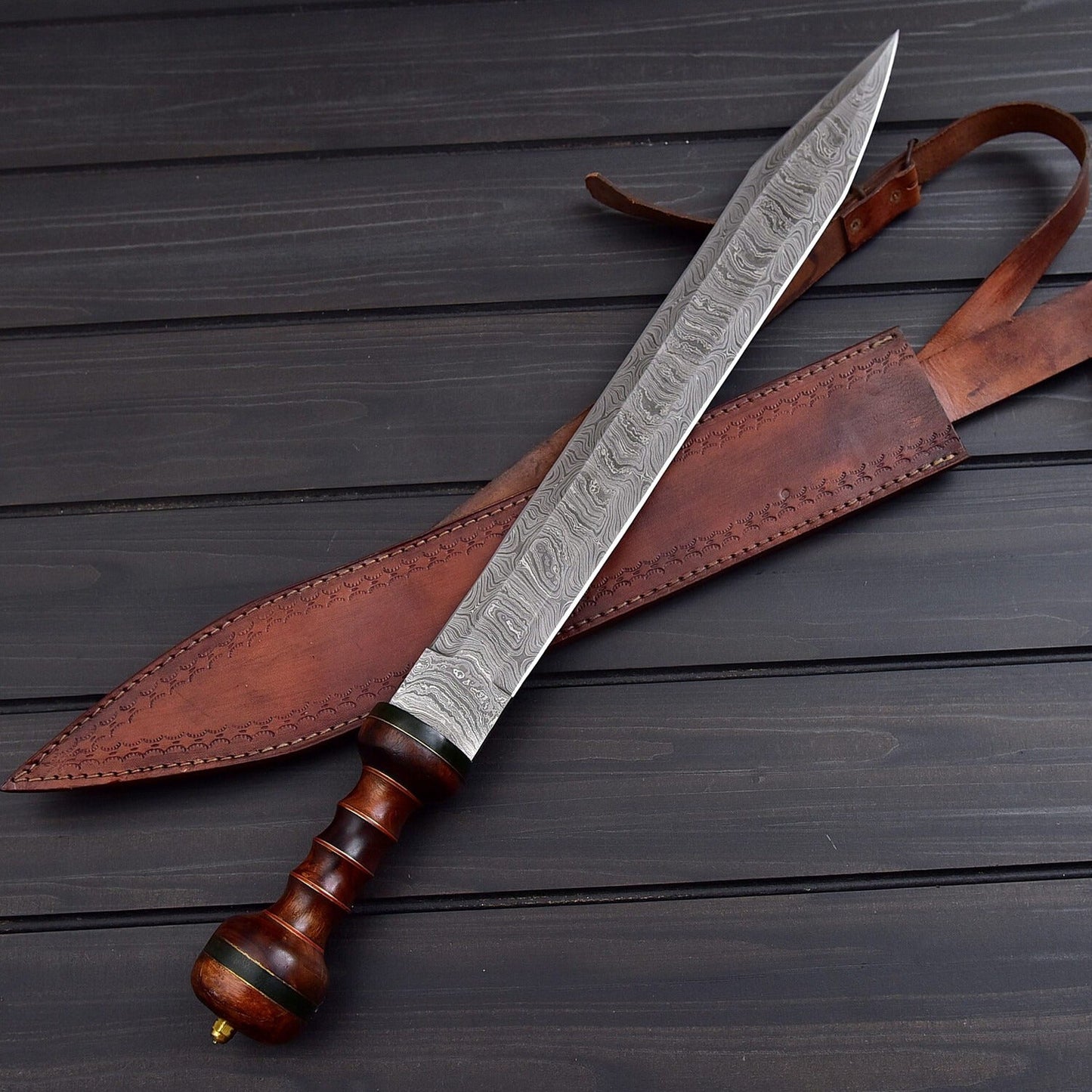 Handmade Damascus Roman Gladius Short Sword Decorative Collectible with Walnut Wood Handle & Leather Sheath