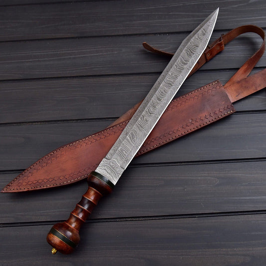 Handmade Damascus Roman Gladius Short Sword Decorative Collectible with Walnut Wood Handle & Leather Sheath