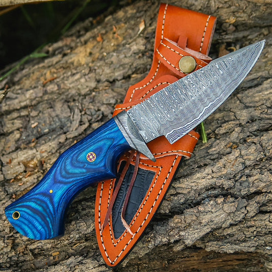 Premium Damascus Steel Hunting Knife  10 Fixed Blade with Blue Wood Handle  Leather Sheath  Razor Sharp Drop Point