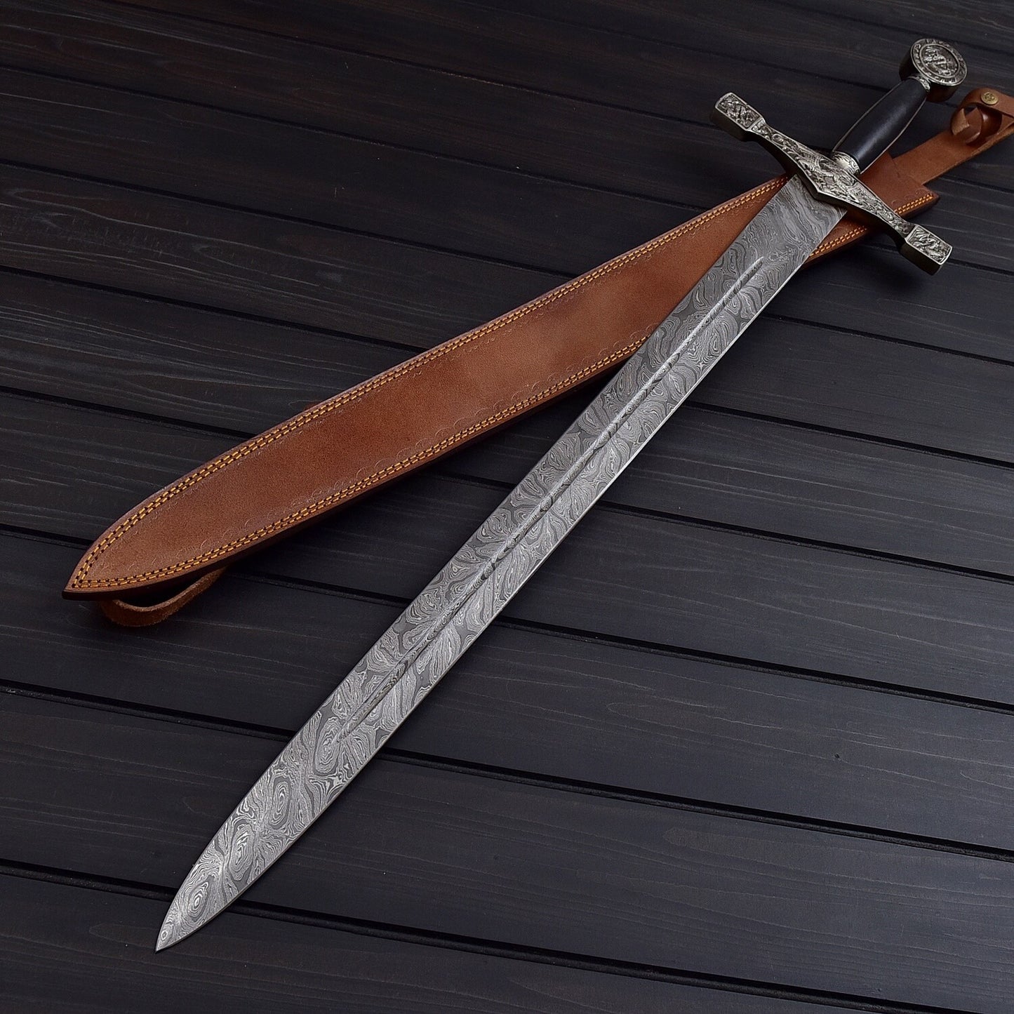 Damascus Steel Double Edged Sword  38.5 Battle Ready Medieval Replica w/ Leather Sheath  Collector’s Must Have