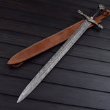 Damascus Steel Double Edged Sword  38.5 Battle Ready Medieval Replica w/ Leather Sheath  Collector’s Must Have