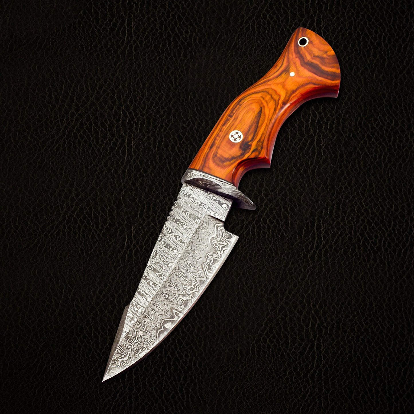 Premium Damascus Steel Hunting Knife  10 Fixed Blade with Drop Point Orange Wood Handle & Leather Sheath  Razor Sharp Survival Gea