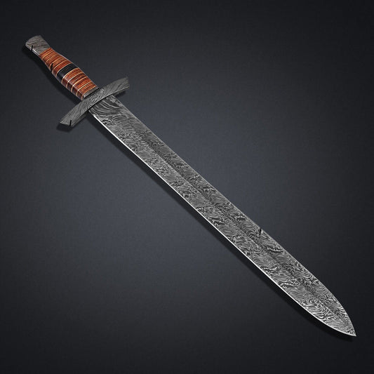 Handcrafted 19" Damascus Steel Sword Satin Finish Fixed Blade with Leather Wood Handle & Leather Sheath