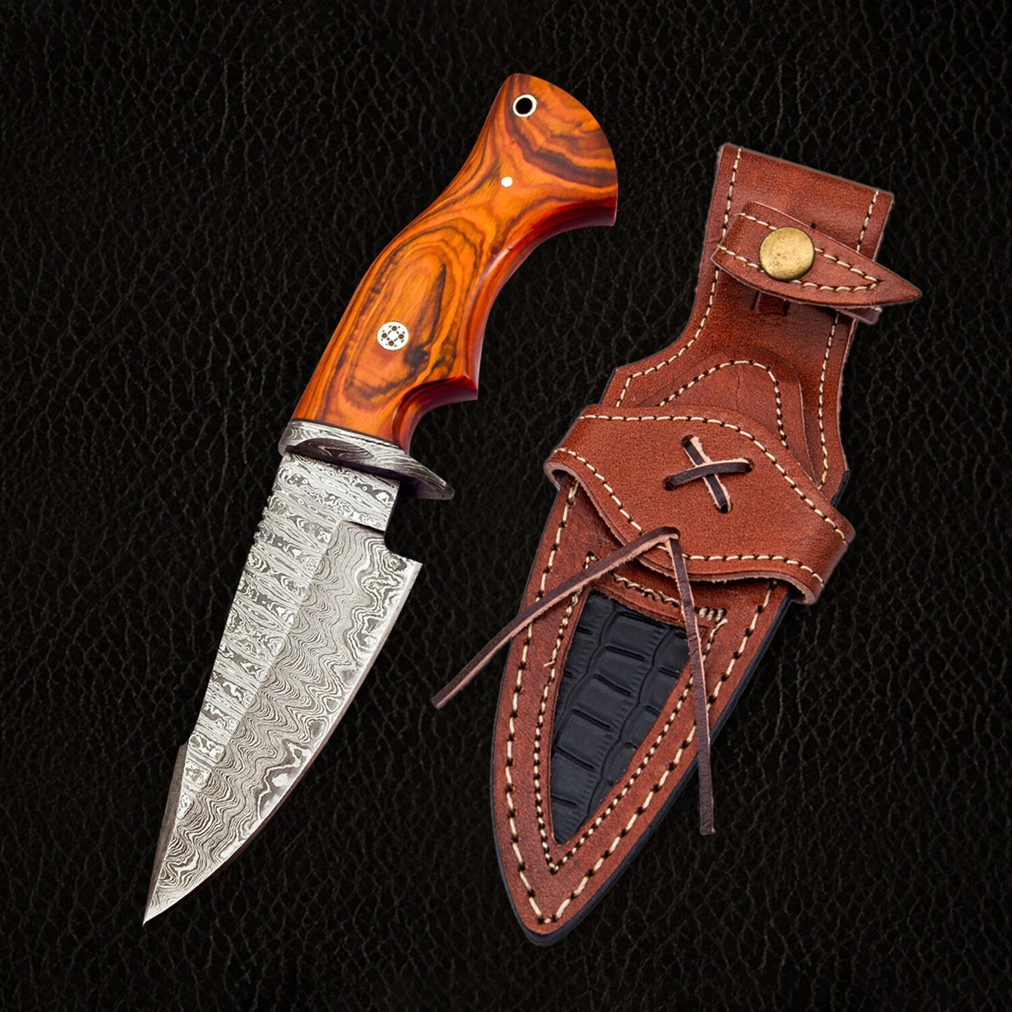 Premium Damascus Steel Hunting Knife  10 Fixed Blade with Drop Point Orange Wood Handle & Leather Sheath  Razor Sharp Survival Gea