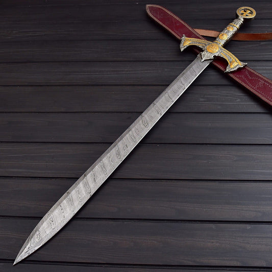 Handcrafted Damascus Steel Double Edge Sword 40 Overall Length Leather Sheath with Shoulder Strap Collector Display Piece